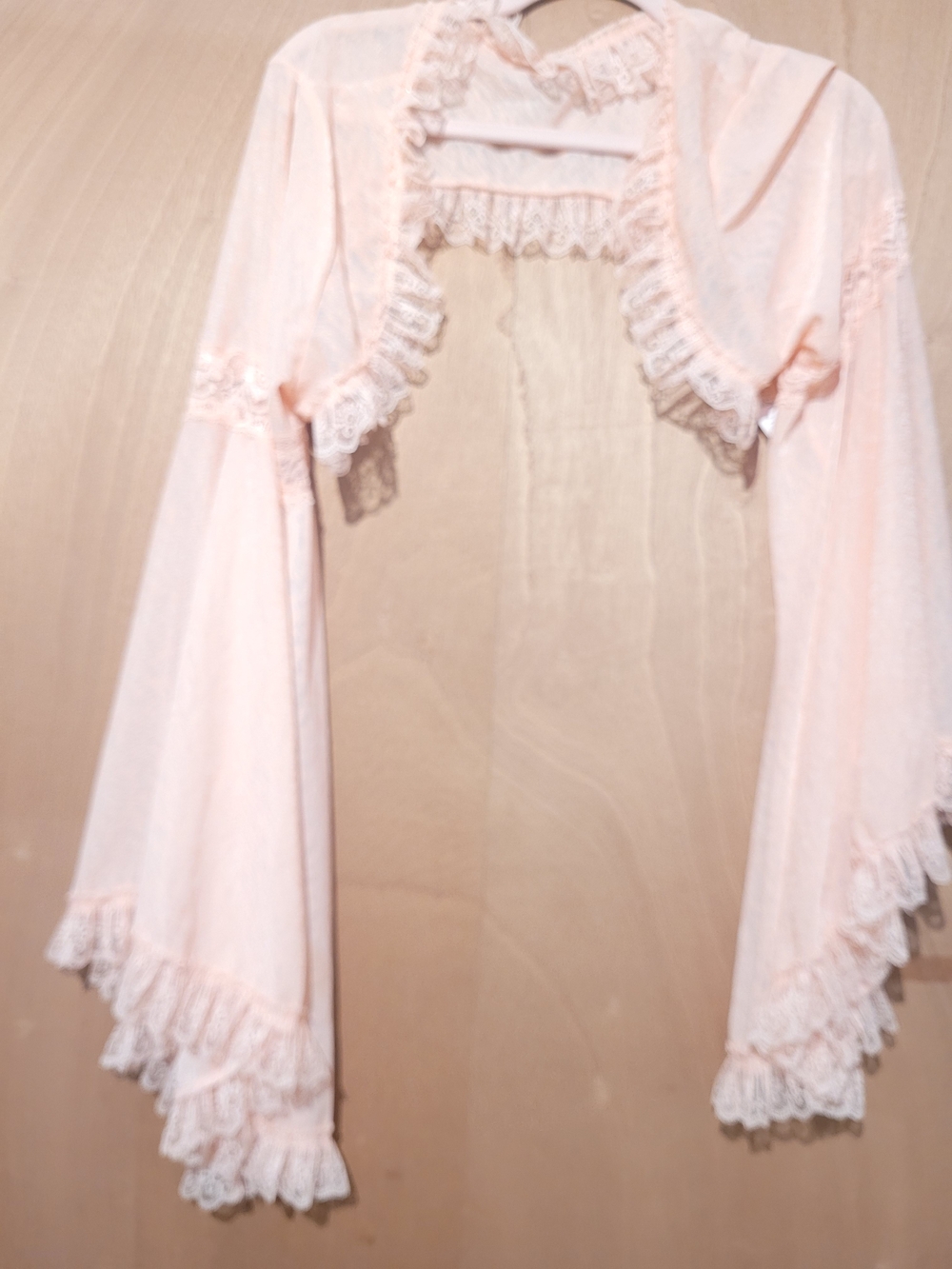 Light Pink Lace-Trim Bolero Shrug With Bell Sleeves
